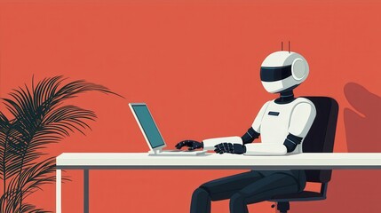 Poster - Remote work telecommuting digital trends concept. A robot sits at a desk, using a laptop, surrounded by a plant and a vibrant orange wall, showcasing a blend of technology.