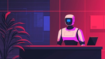Poster - Remote work telecommuting digital trends concept. A futuristic robot receptionist stands at a sleek desk, surrounded by vibrant colors and modern decor, showcasing a blend of technology and design.