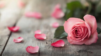 Poster - Beautiful pink rose petals on wooden table for romantic themes and floral decor : Generative AI