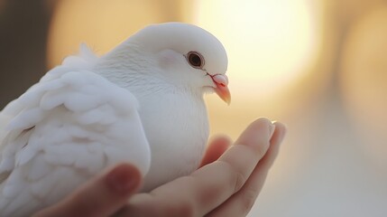 Aufkleber - Gentle White Dove Perched on Hand with Soft Light in the Background : Generative AI