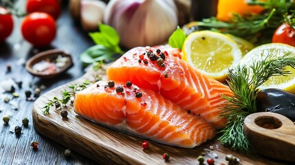 Poster - Fresh Salmon Fillets with Herbs and Slices of Lemon on a Wooden Board : Generative AI