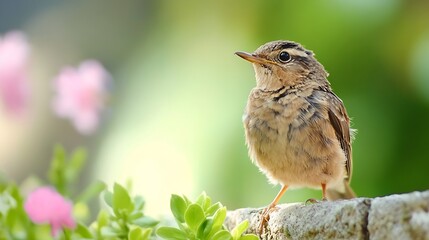 Poster - Beautiful Bird Perched on Stone with Soft Green Background Showcasing Nature's Delicate Wildlife : Generative AI