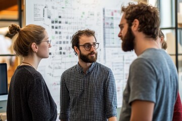 Poster - Colleagues discuss data processing strategies in an office setting, data processing and diagrams over caucasian colleagues talking in office