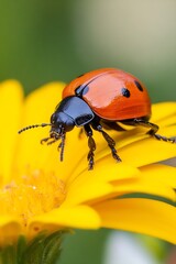 Poster - Close up of a ladybug perched on a bright yellow flower collecting nectar in a sunny garden : Generative AI
