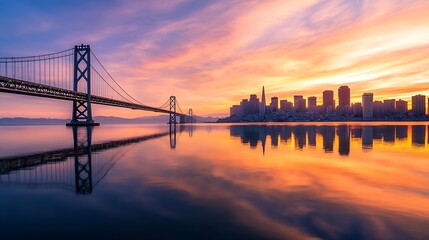 Poster - Colorful Sunset Over Bay Bridge with City Skyline Reflected in Calm Waters : Generative AI