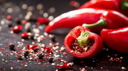 Aufkleber - Fresh Red Chili Peppers and Spices on Dark Surface for Culinary Use : Generative AI