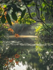 Aufkleber - Serene Lakeside View with Colorful Flora and Reflections in Calm Waters for Nature Lovers : Generative AI