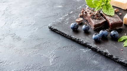 Poster - Artistic Display of Chocolate Delicacies and Fresh Berries on Slate Background : Generative AI