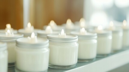 Poster - Series of Aromatic White Candles in Clear Glass Jars with Soft Light : Generative AI