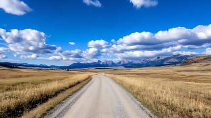 Poster - Serene Open Road Through Golden Fields Under a Blue Sky with Fluffy Clouds : Generative AI