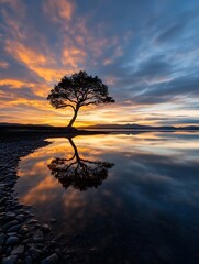 Aufkleber - Solitary tree reflecting in still lake at sunset displaying nature's tranquility and beauty : Generative AI