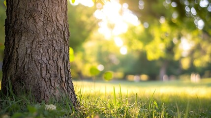 Poster - Serene Sunlit Park Scene with Tree Trunk and Lush Green Grass : Generative AI