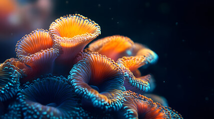 A close up of a coral reef with a bright orange and blue flower