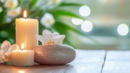 Aufkleber - Peaceful Spa Scene with Candles and Orchid Flowers Creating a Relaxing Atmosphere for Wellness : Generative AI