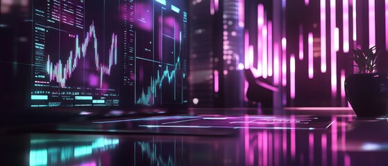 Poster - Futuristic office space with glowing graphs and data analytics on screens, showcasing a modern work environment at night