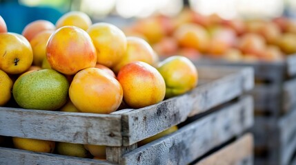 Poster - Freshly Harvested Juicy Fruits in Wooden Crates at a Market : Generative AI