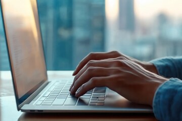 Poster - a person typing on a laptop with a city skyline in the background during sunset, capturing a moment 