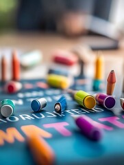 Aufkleber - Vibrant Collection of Colored Pencils and Crayons Spread Across a Colorful Workspace : Generative AI