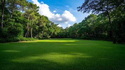Poster - Lush green forest landscape with bright blue sky and vibrant sunlight shining through trees : Generative AI