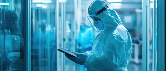 Poster - Scientist in Protective Gear Analyzing Data in Lab