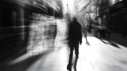 Poster - Abstract Black and White Street Scene with Motion Blur and Ghostly Figures : Generative AI