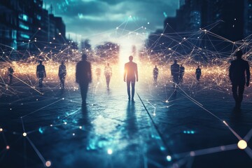 Poster - Men walking through an artificial intelligence network in a futuristic urban environment, Artificial intelligence network with men walking towards shiny light