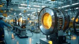 Closeup view of a transformer coil undergoing the varnishing process for insulation protection in an industrial manufacturing facility The shiny glossy coil is surrounded by sparks and a metallic