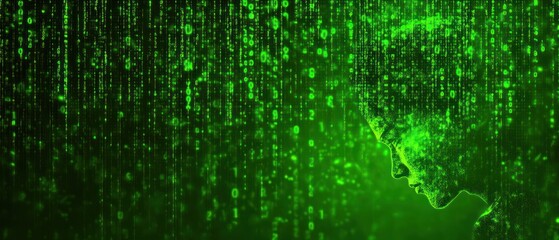 Poster - Green Matrix Rain with Profile of a Person