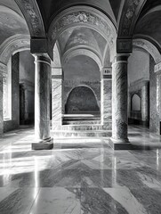 Sticker - Impressive marble architecture showcasing grand arches and polished floors with dramatic lighting in a monochromatic style : Generative AI