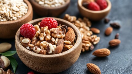 Poster - Healthy Nut Mix with Fresh Raspberries in Wooden Bowls on Dark Surface : Generative AI