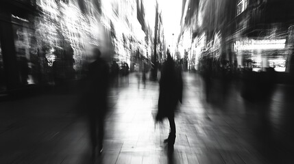 Poster - Blurry city street scene at night capturing the hustle and bustle of urban life in monochrome tones : Generative AI