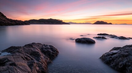 Poster - Breathtaking Sunset Over Calm Sea with Islands in the Background : Generative AI