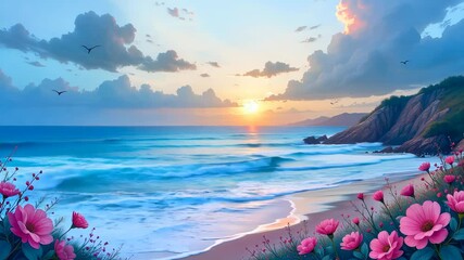 Poster - A beautiful beach scene with pink flowers and a sunset in the background. The sky is filled with clouds and birds can be seen flying in the distance