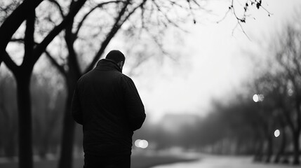 Poster - Somber and Reflective Man Walking Alone in a Foggy Park Landscape Black and White : Generative AI