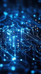 Poster - Abstract blue circuit board with glowing lines and nodes