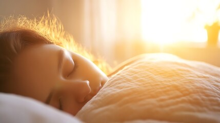 Aufkleber - Calm Peaceful Woman Sleeping In Sunlight With Soft Cozy Blanket : Generative AI
