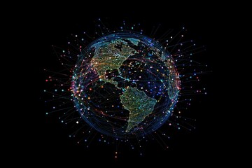  - Network of connections illustrating global data processing technologies in action, digital data processing over network of connections with icons