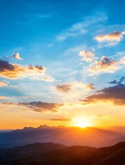 Poster - Beautiful sunset over serene mountains with vibrant sky and sunlight rays : Generative AI
