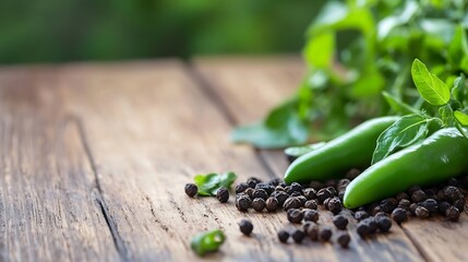 Poster - Fresh Green Vegetables Including Peppers and Herbs on Rustic Wooden Table : Generative AI
