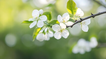 Poster - Delicate White Blossom on Tree Branch Bathed in Natural Light with Green Background : Generative AI