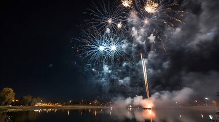 Poster - Colorful fireworks bursting in sky over a peaceful lake shimmering reflections : Generative AI