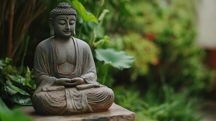 Poster - Buddha Statue Surrounded by Lush Greenery in Calm Tranquil Garden Setting : Generative AI