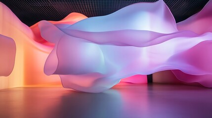 Aufkleber - Vibrant abstract art installation with flowing light and colorful translucent fabric : Generative AI