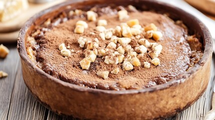 Poster - Delicious homemade cheesecake topped with crushed nuts and cocoa powder served on rustic wooden table : Generative AI