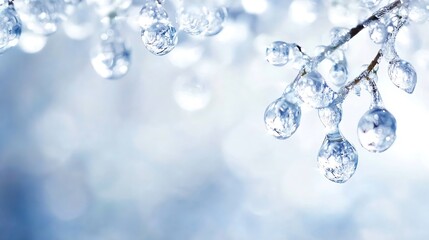 Poster - Crystal clear water droplets glistening on a branch creating a sparkling winter scene : Generative AI