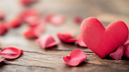 Poster - Romantic red heart decoration with rose petals scattered on rustic wooden background for love themed imagery : Generative AI