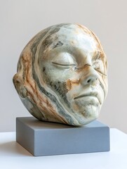 Poster - Highly detailed marble sculpture of a serene face displayed on a modern pedestal : Generative AI