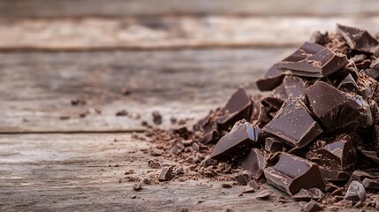 Aufkleber - Delicious Dark Chocolate Chunks Spread on Rustic Wood Table : Generative AI