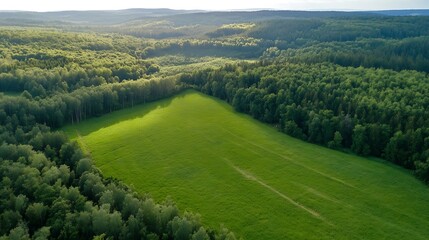 Poster - Expansive Green Field Surrounded by Lush Trees and Rolling Hills : Generative AI