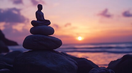 Poster - Meditation Statue on Stacked Stones with Beach and Sunset View : Generative AI